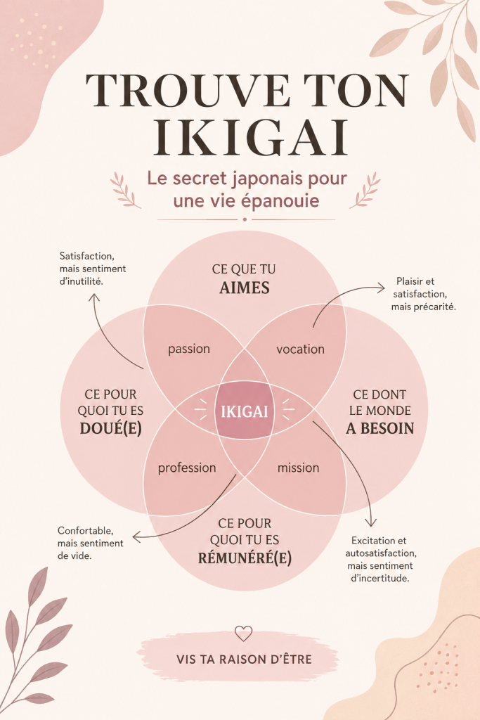 Une femme souriante méditant en pleine nature, symbole de l'ikigai et de l'épanouissement personnel.