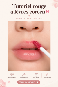 Photo d'un tutoriel de maquillage à lèvres coréen montrant des produits et étapes clés.