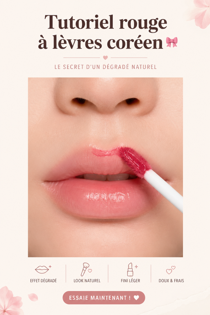 Photo d'un tutoriel de maquillage à lèvres coréen montrant des produits et étapes clés.