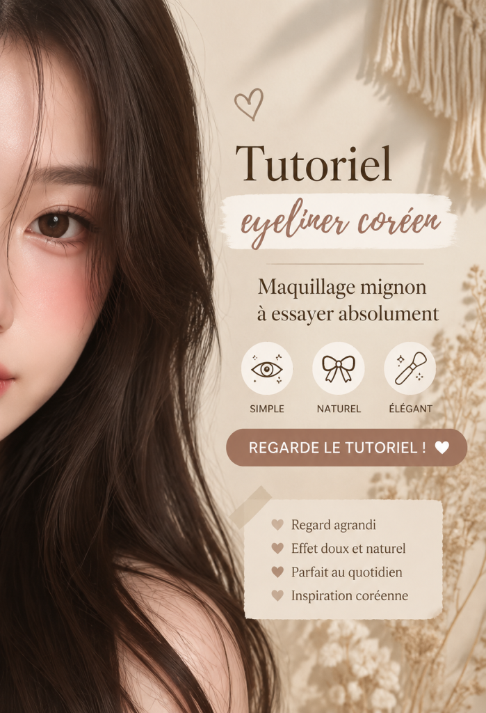 Tutoriel d'eyeliner coréen mignon avec produits et techniques.
