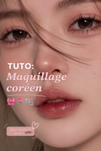 Un visage maquillé avec un style coréen frais et lumineux, mettant en avant des couleurs douces.