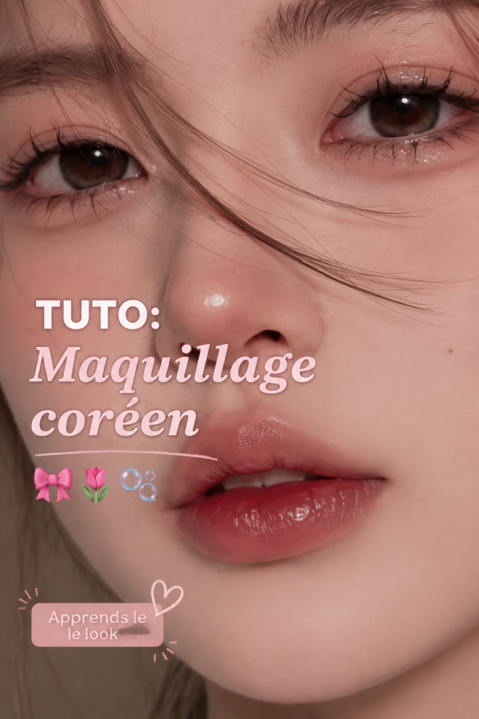 Un visage maquillé avec un style coréen frais et lumineux, mettant en avant des couleurs douces.
