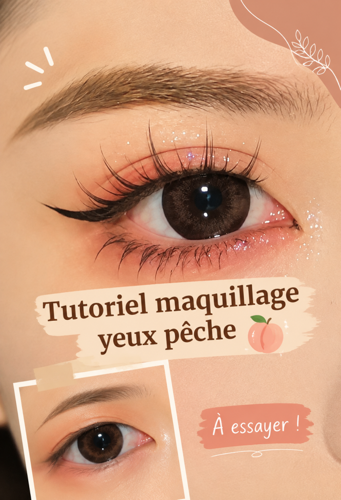 Tutoriel maquillage yeux pêche avec une application douce de couleurs pastel.