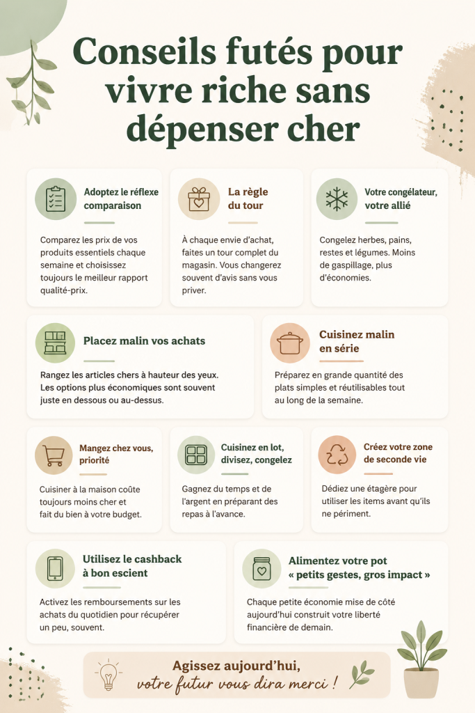 Une femme souriante dans sa cuisine, préparant un repas frugal et délicieux.