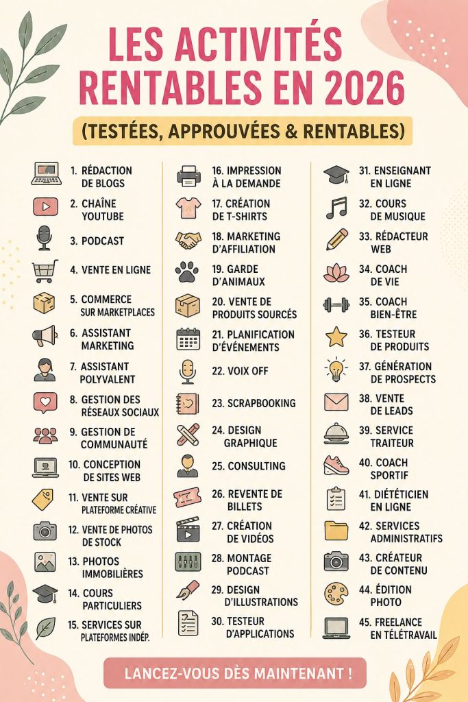 Visuel d'une femme examinant des options de side hustle en 2026, entourée d'objets symboliques de l'entrepreneuriat.