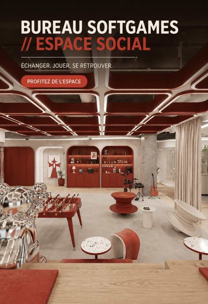 Un bureau convivial aménagé avec des espaces de détente et de partage