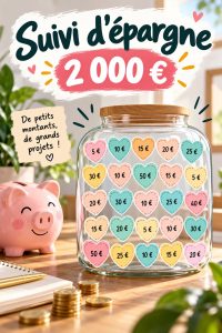Une femme examine son budget pour épargner 2000€, entourée de documents