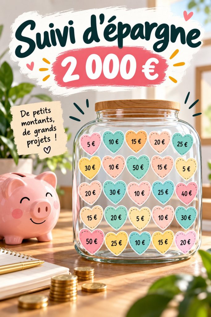 Une femme examine son budget pour épargner 2000€, entourée de documents
