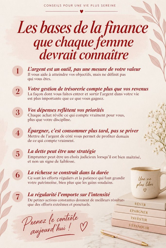 Femme souriante consultant ses finances personnelles avec un carnet et un stylo.