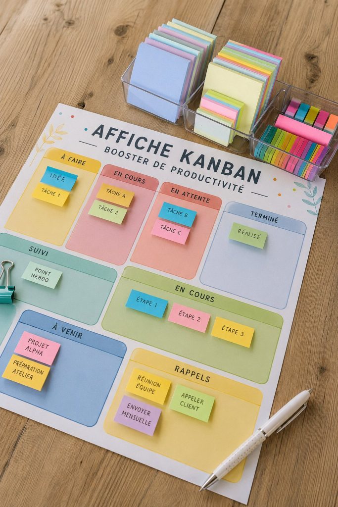 Poster Kanban illustrant l'organisation des tâches pour améliorer la productivité