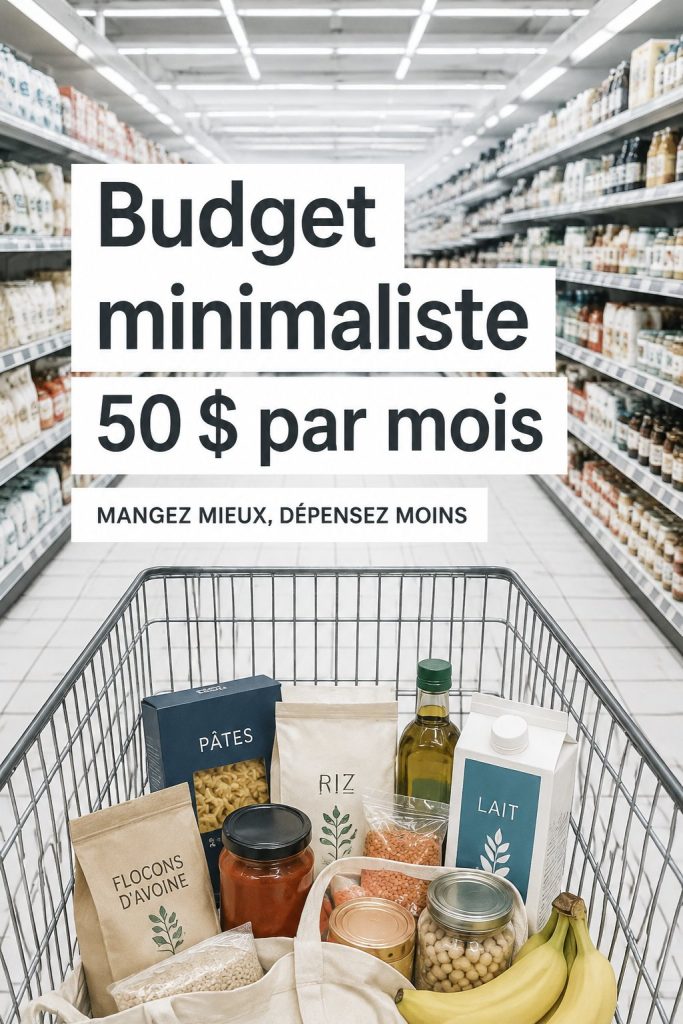 Une femme souriante fait ses courses avec un budget de 50 €.