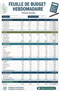 Capture d'écran d'une feuille de budget hebdomadaire sur Excel, montrant la gestion des dépenses familiales.