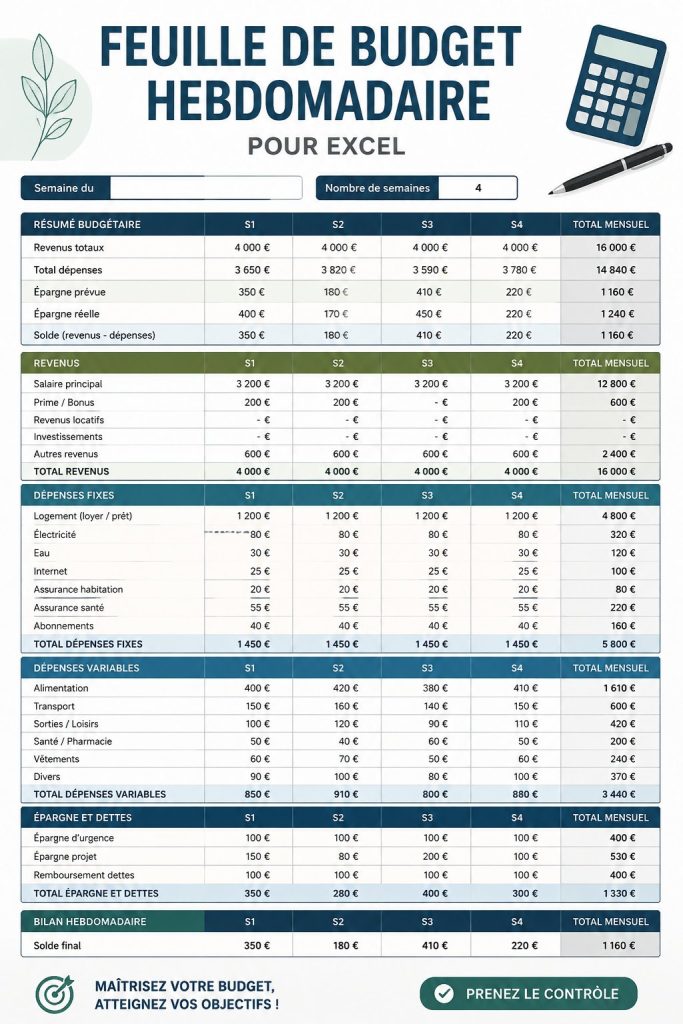 Capture d'écran d'une feuille de budget hebdomadaire sur Excel, montrant la gestion des dépenses familiales.