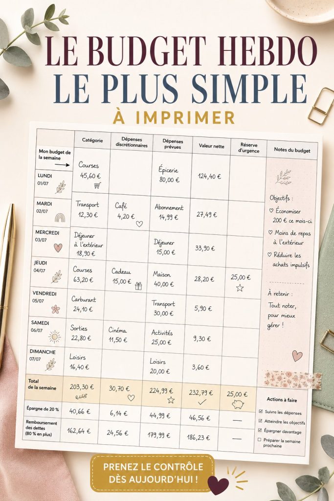 Modèle de budget hebdomadaire simple et pratique avec des sections pour les dépenses et les revenus