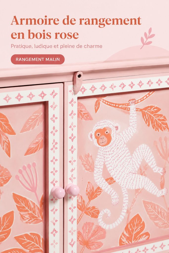 Un cabinet en bois rose élégant pour chambre d'enfant, offrant un espace de rangement pratique.