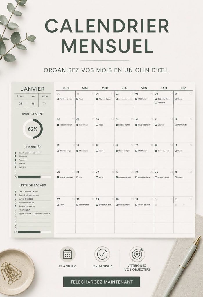 Capture d'écran d'un calendrier créé sur Google Sheets avec une mise en forme colorée.