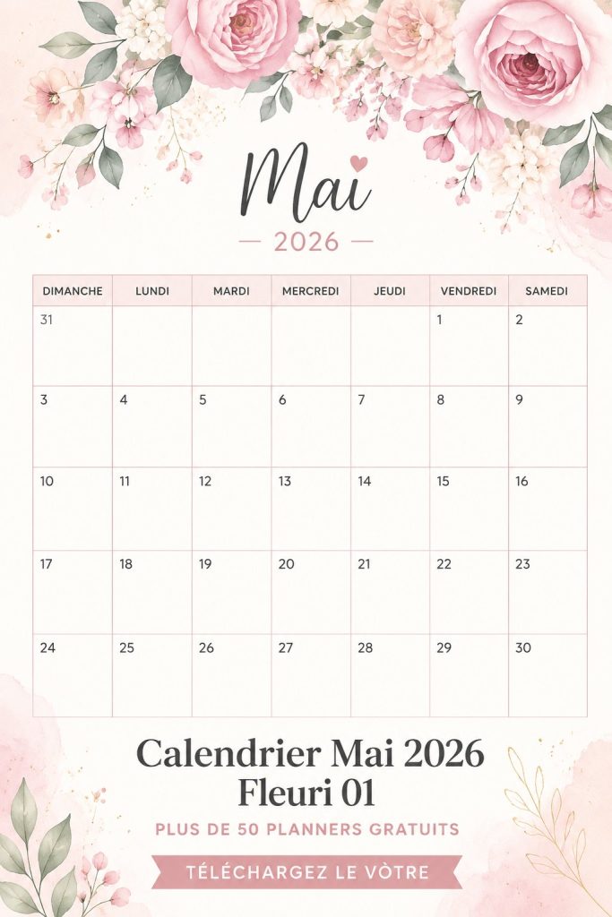 Calendrier de mai floral imprimable avec des motifs colorés