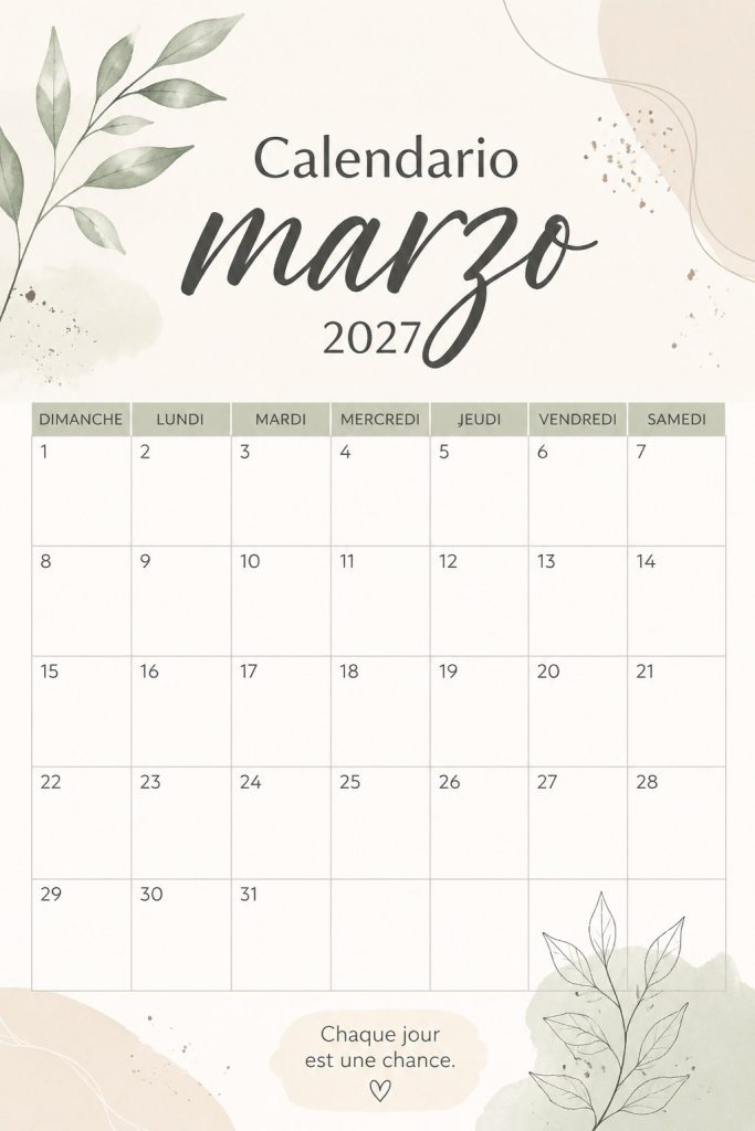 Calendrier de mars 2027 prêt à imprimer avec des illustrations florales