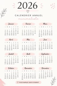 Calendrier minimaliste 2026 en PDF gratuit