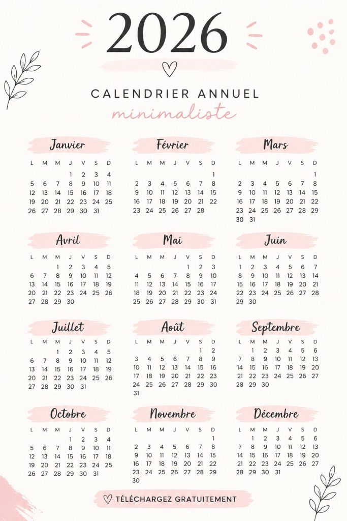 Calendrier minimaliste 2026 en PDF gratuit