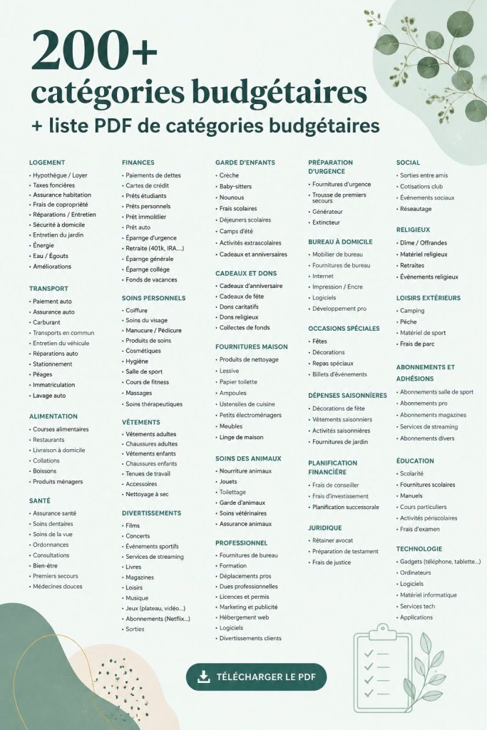 Un tableau coloré représentant différentes catégories de budget pour la gestion des finances personnelles.