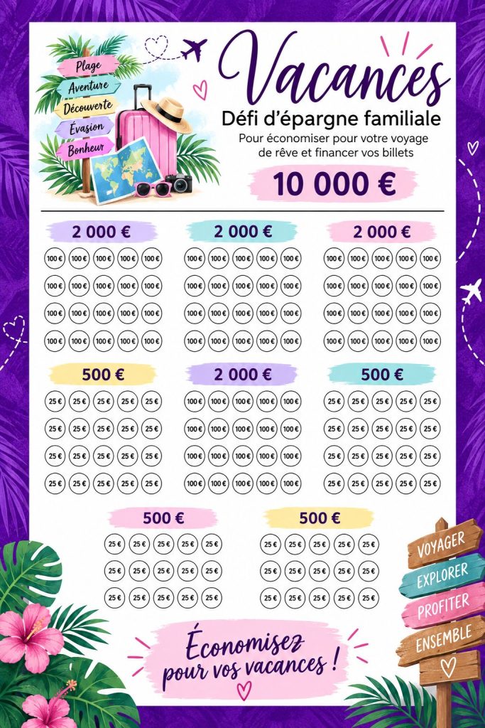 Un tableau de suivi des économies pour des vacances en famille sur une table en bois.