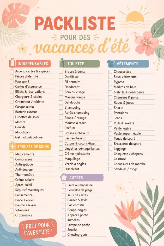 Une famille préparant leurs valises pour des vacances d'été, entourée de vêtements et accessoires.