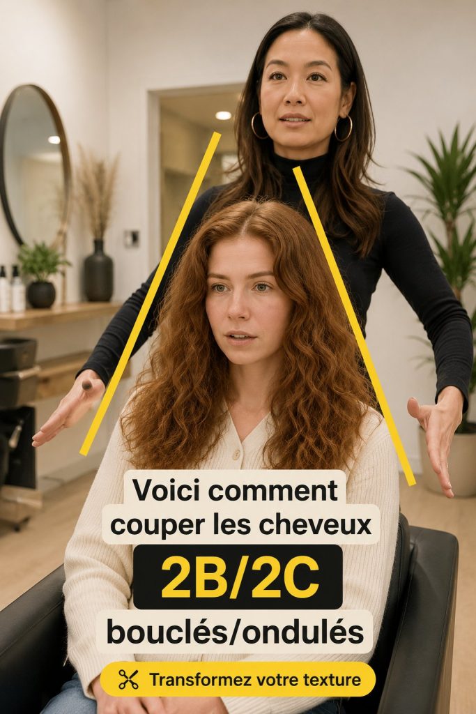 Femme coupant ses cheveux bouclés 2B/2C avec des ciseaux professionnels.