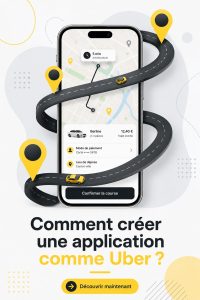 Une illustration représentant une femme développant une application de transport sur son ordinateur