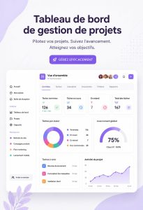 Tableau de bord de gestion de projet montrant des graphiques et des tâches
