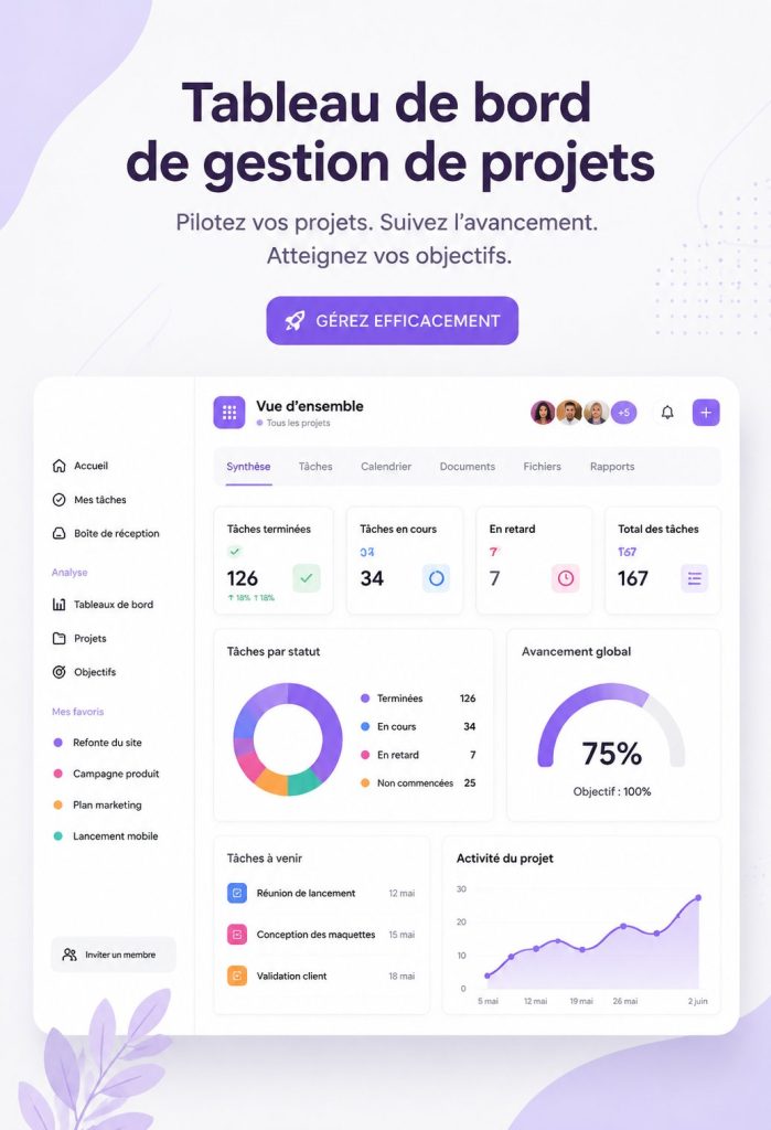 Tableau de bord de gestion de projet montrant des graphiques et des tâches