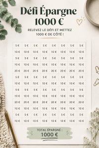 Un carnet d'épargne avec des billets de 1000 euros et des tableaux de suivi.