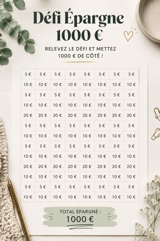Un carnet d'épargne avec des billets de 1000 euros et des tableaux de suivi.