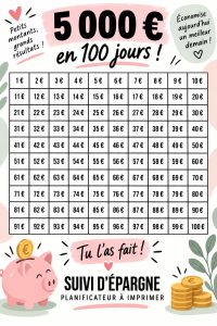 Femme heureuse affichant un tableau de suivi d'économies pour le défi de 5000 €