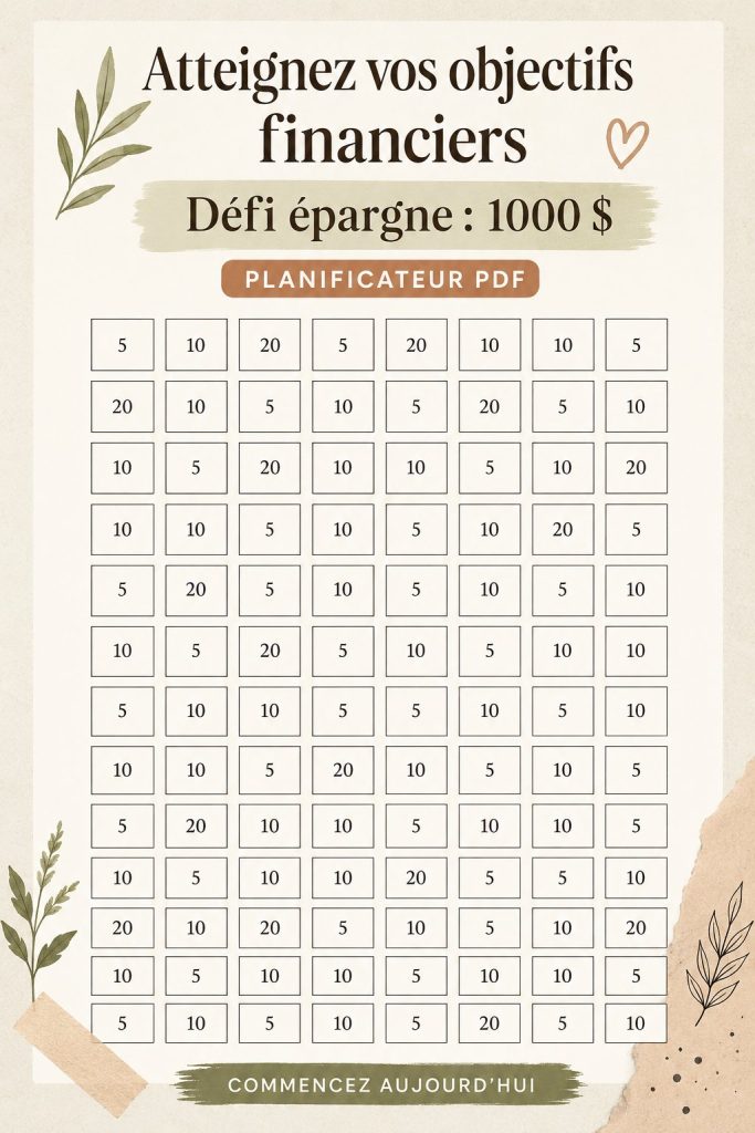 Image d'un tracker d'épargne pour le défi de 1000$, avec un design attrayant et pratique.