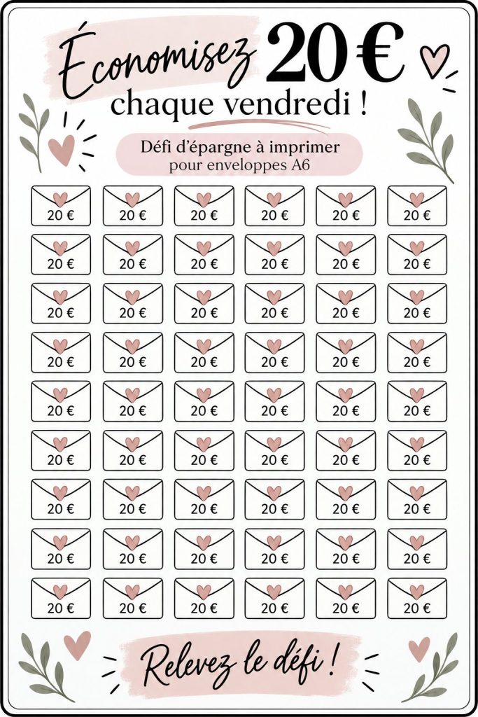 Défi d'épargne pour femmes avec des enveloppes colorées