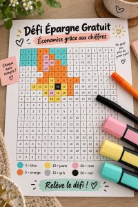 Une femme souriante qui note ses économies dans un carnet, symbolisant le défi d'épargne.