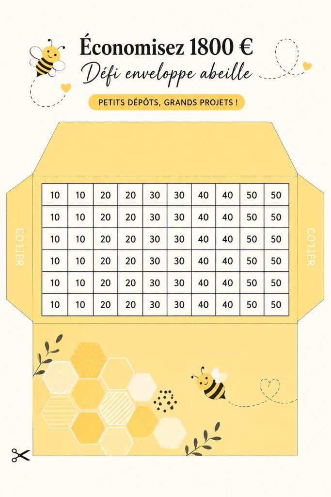 Défi d'épargne sur le thème des abeilles - des illustrations colorées de budget et d'épargne.