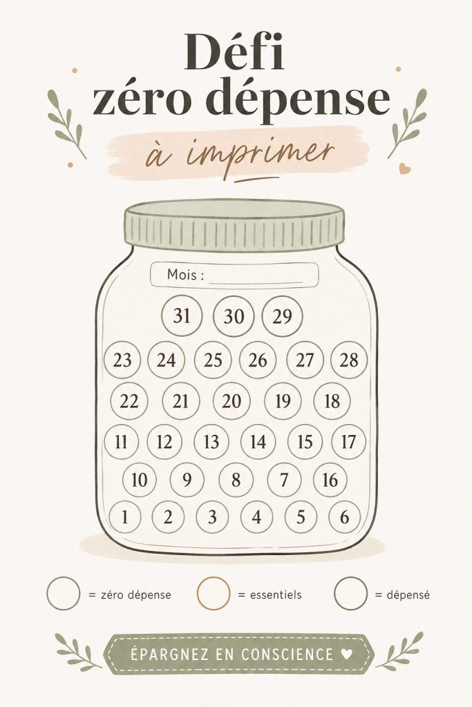 Impression d'outils pour un défi sans dépenses, designer avec des couleurs apaisantes et des espaces pour noter les progrès.