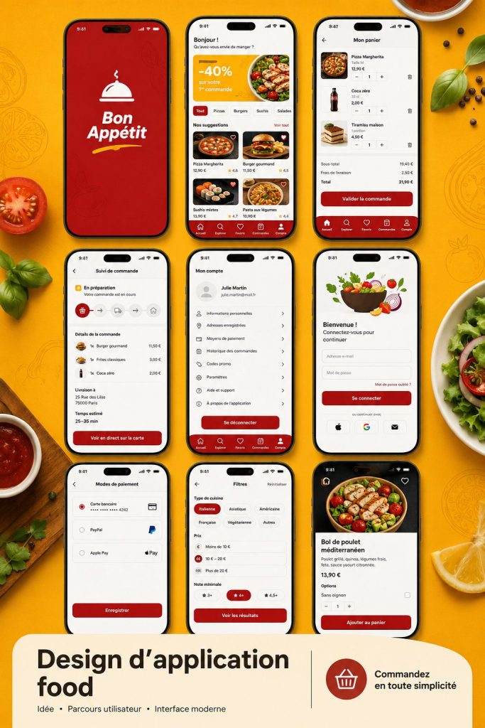 Exemple de design d'application culinaire moderne avec une interface utilisateur épurée