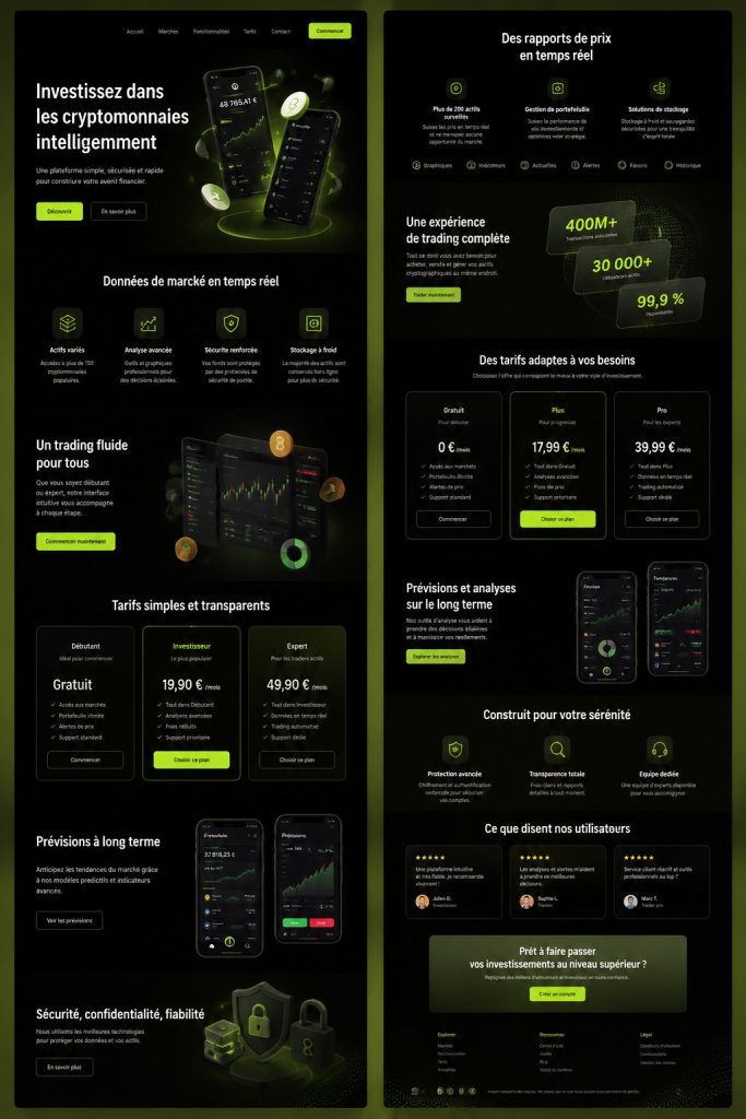 Landing page moderne pour un site crypto, avec design attrayant et éléments interactifs.