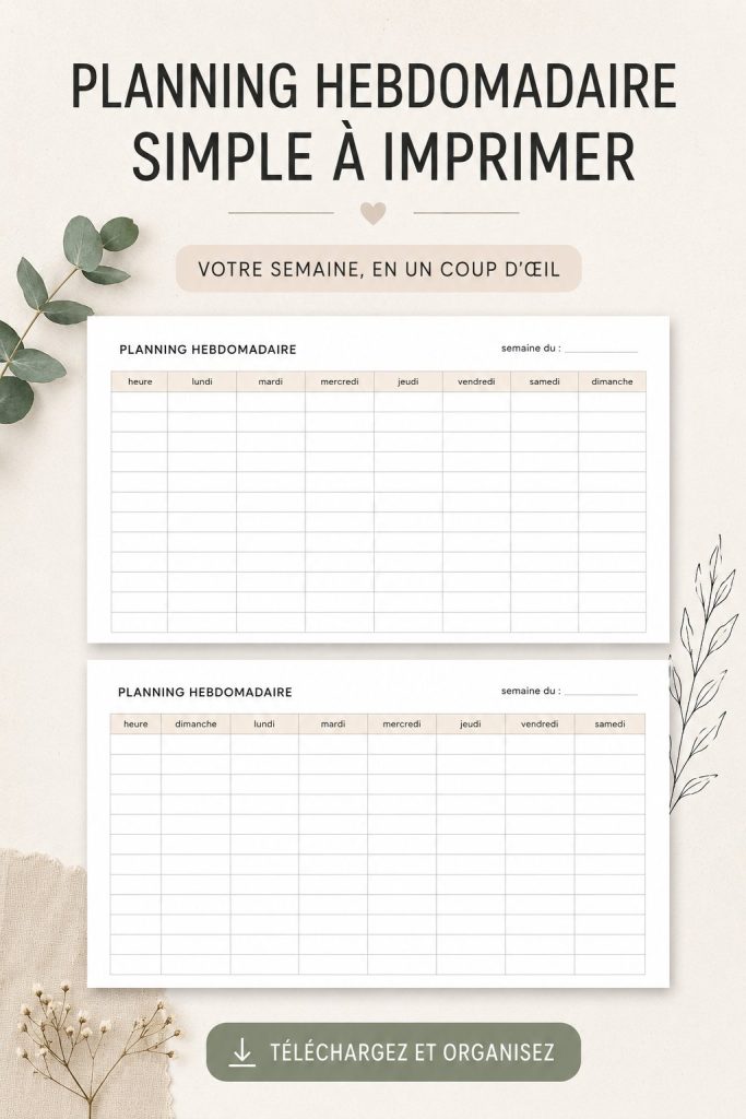 Modèle d'emploi du temps hebdomadaire imprimable, mettant en avant une organisation claire et pratique