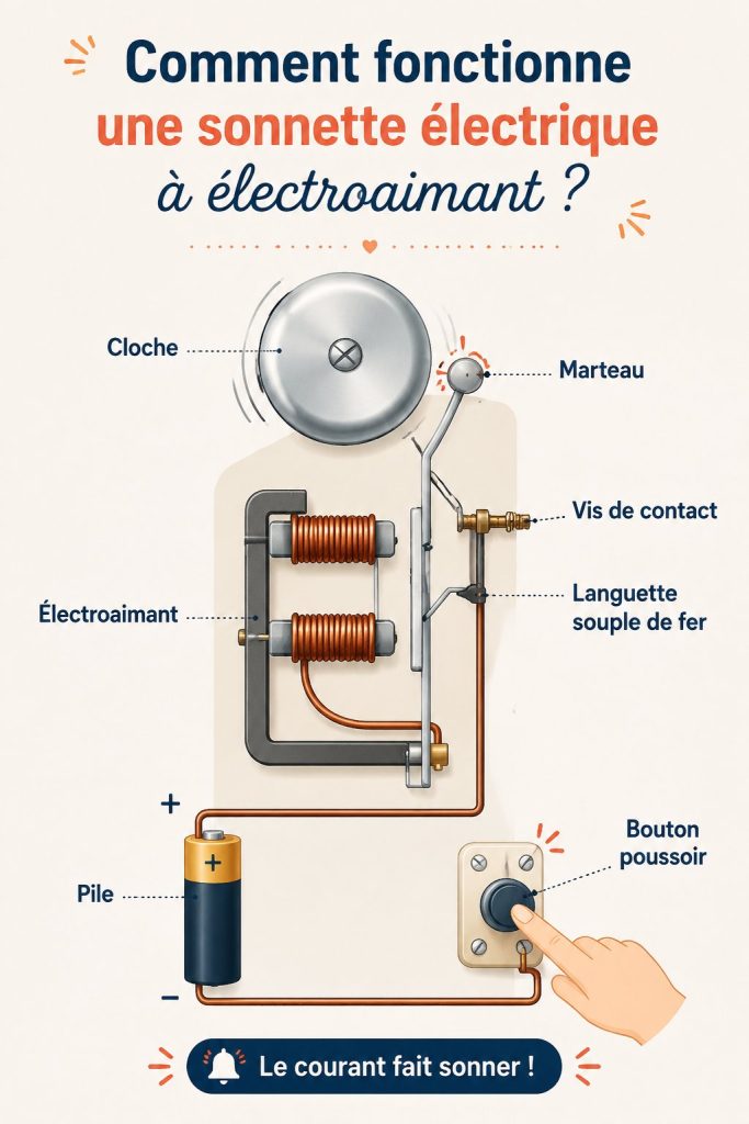 Une illustration d'une cloche électrique avec des composants étiquetés expliquant son fonctionnement.