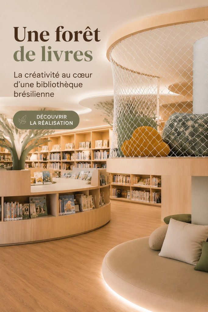 Une forêt de livres émerge dans une bibliothèque, offrant un espace de lecture unique.