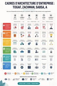 Illustration d'une présentation sur les frameworks d'architecture d'entreprise, avec des logos de TOGAF, Zachman et SABSA