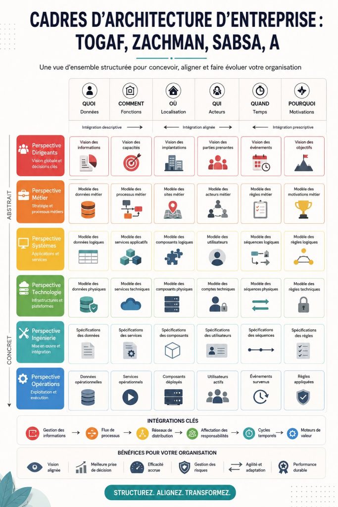 Illustration d'une présentation sur les frameworks d'architecture d'entreprise, avec des logos de TOGAF, Zachman et SABSA