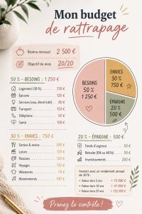 Femme souriante utilisant une application de gestion de budget sur son téléphone.