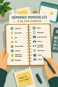 Une femme souriante examine un budget sur son ordinateur, symbolisant la gestion des dépenses mensuelles.