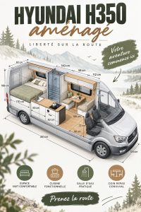 Hyundai H350 aménagé en camping-car dans la nature, parfait pour les escapades en famille.