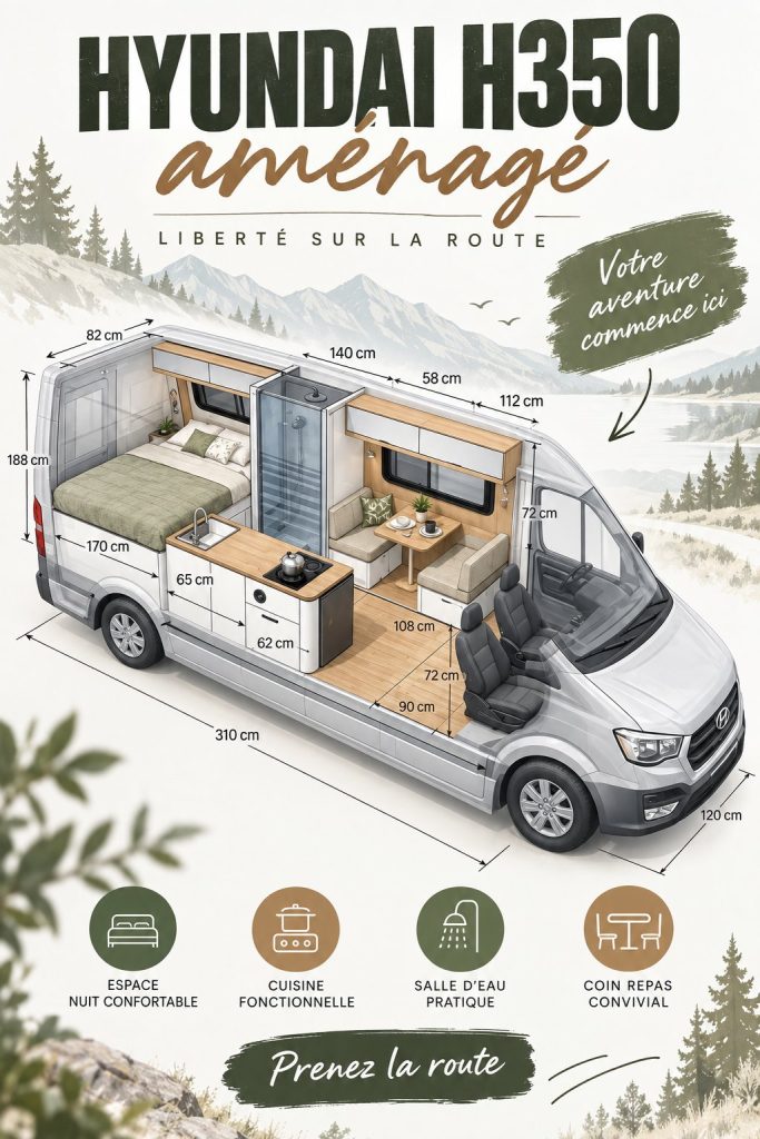 Hyundai H350 aménagé en camping-car dans la nature, parfait pour les escapades en famille.